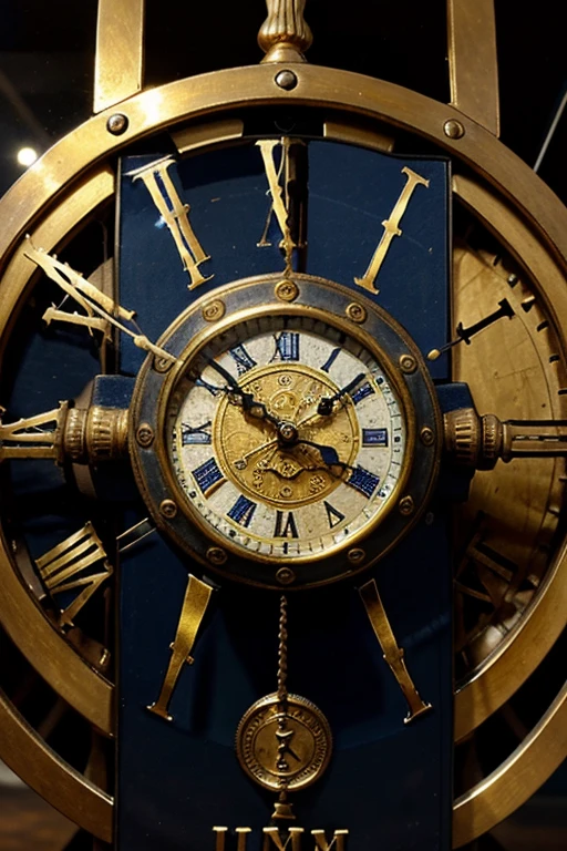 antique and old clock with golden cursed Roman numerals with blue fog and figures