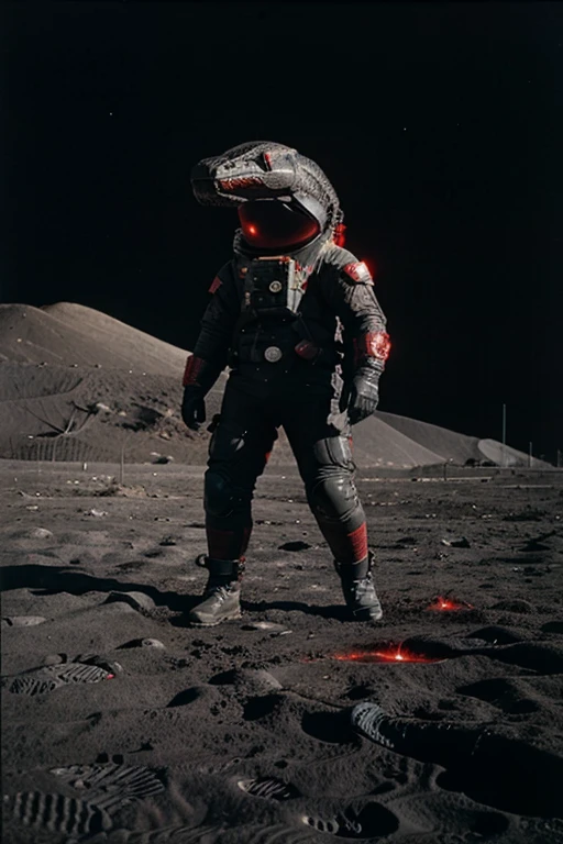 A giant black and red snake seen from the front walking on the moon