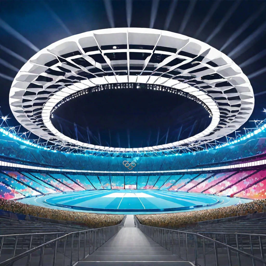 "A modern Olympic stadium, illuminated with vibrant lights during the night. The exterior features sleek glass and steel architecture. The stands are packed with enthusiastic spectators, and the Olympic logo is prominently displayed throughout the venue. The Olympic flag waves proudly in the wind. Inside the stadium, there is a track and field area where athletes are competing. The background shows a clear blue sky, with flags from various countries creating an international atmosphere. The scene is filled with excitement and anticipation, capturing the spirit of the Olympic Games."
