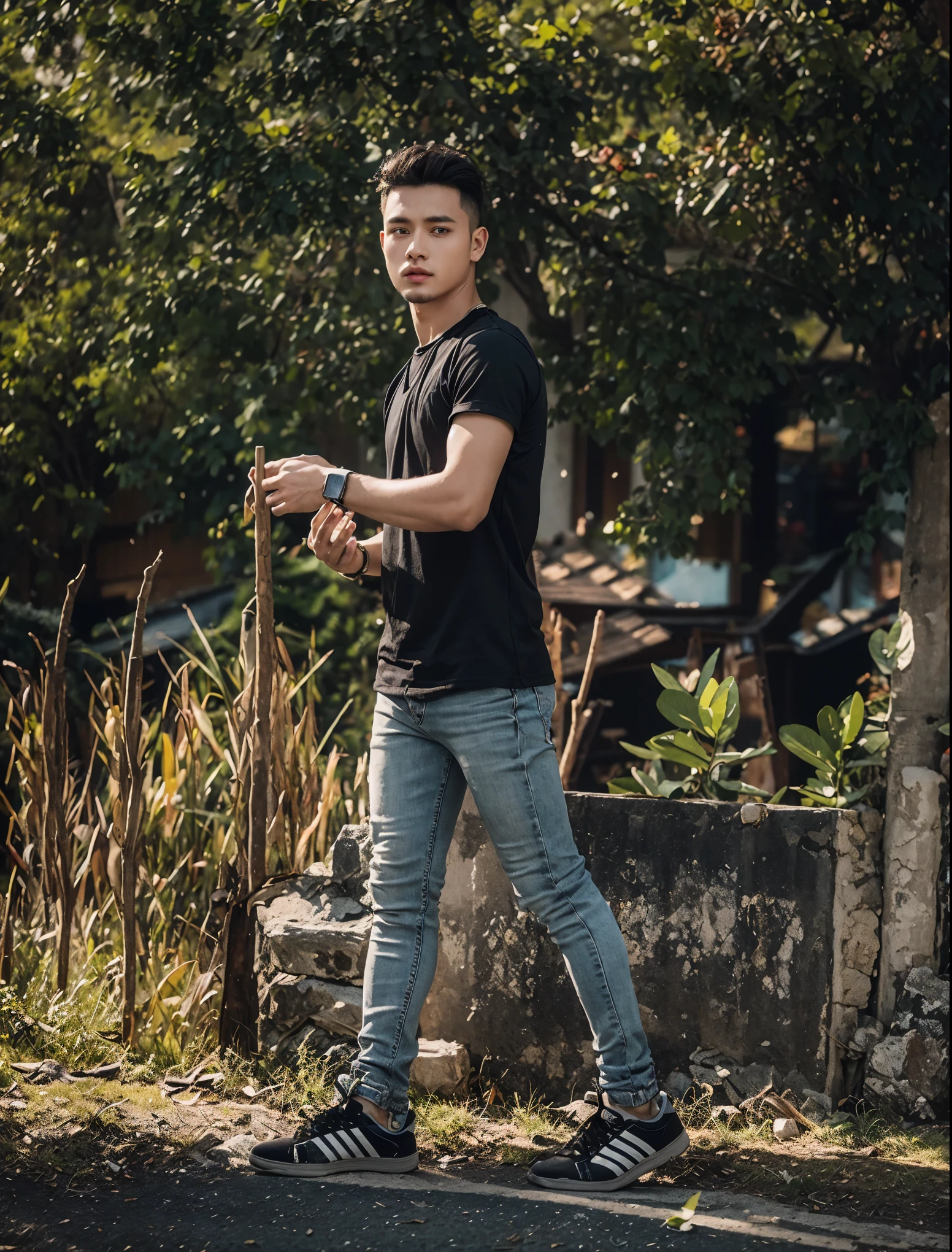 Change background house building sky light and yallow color shirt black pant and hair styles and day click photo handsome boy cute boy realistic face hd photo ultra high quality 4k photo