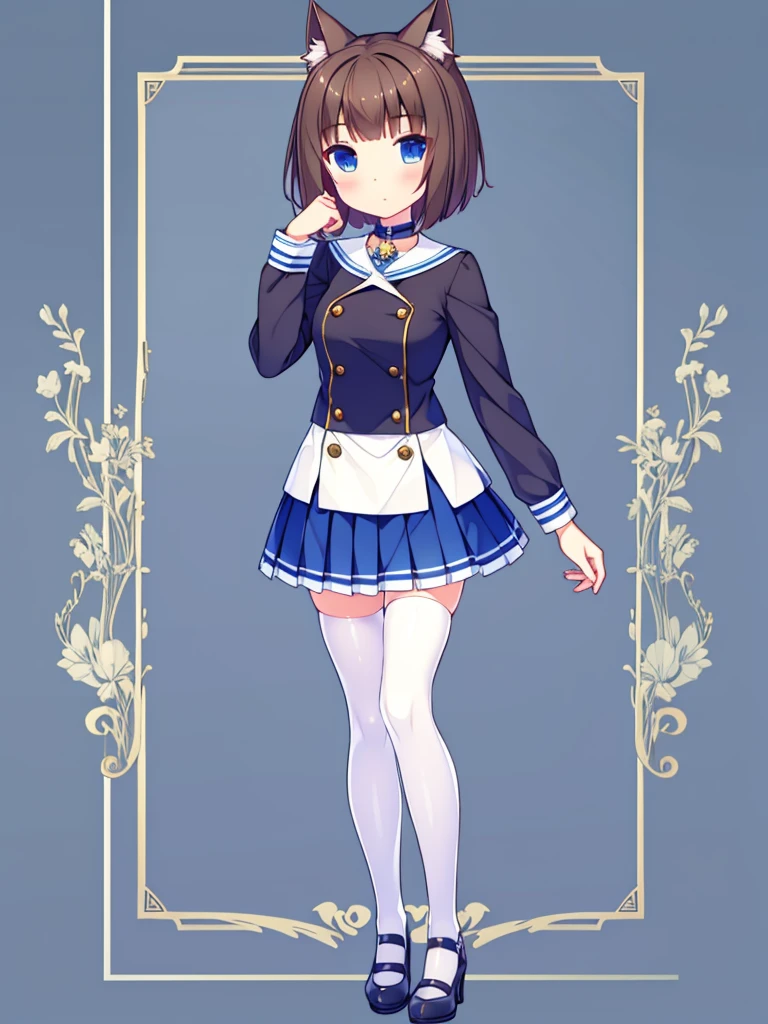 Vtuber excellent quality very detailed girl short brown hair brown eyes blue eye with cat ears short pleated skirt long white stockings 