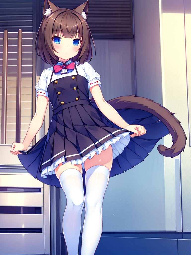 Vtuber excellent quality very detailed girl short brown hair brown eyes blue eye with cat ears short pleated skirt long white stockings