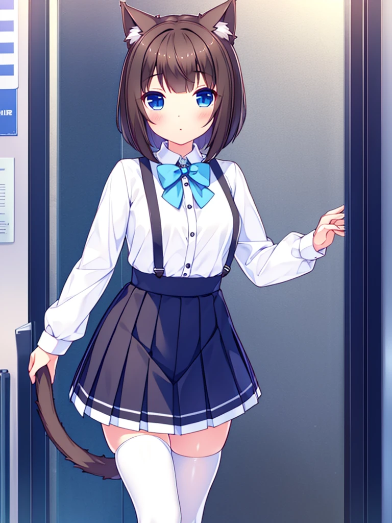 Vtuber excellent quality very detailed girl short brown hair brown eyes blue eye with cat ears short pleated skirt long white stockings 