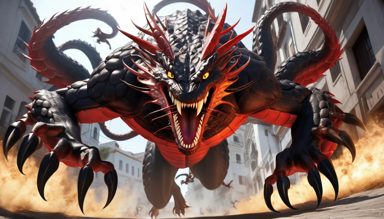 Realistic photos, RAW Photos, hydra, attacks viewer, Powerful movements, jump on prey, ((Dynamic jump)), Sharp Claws, hydra approaching from above, sudden approach, Bad-tempered, dynamic Shot from grand