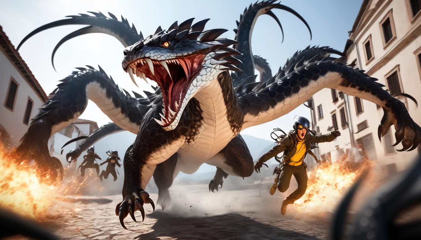 Realistic photos, RAW Photos, hydra, attacks viewer, Powerful movements, jump on prey, ((Dynamic jump)), Sharp Claws, hydra approaching from above, sudden approach, Bad-tempered, dynamic Shot from grand