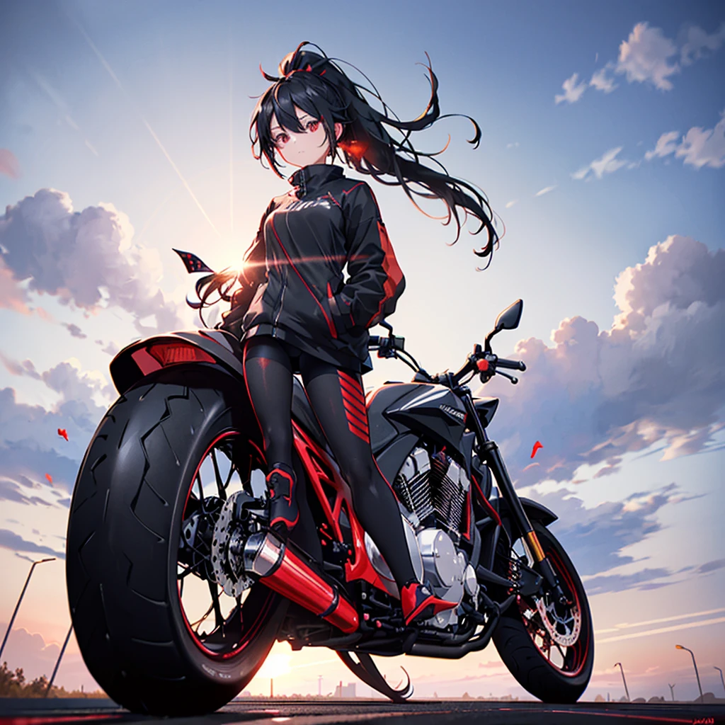 ((((Female rider、forward leaning posture　Full Body Tights、Black　Red Motorcycle、get on))))　(((Black Hair、ponytail、Blowing in the Wind　Bright red eyes)))　((Expressway、Light、Light))　Shining Edge　Shining Background