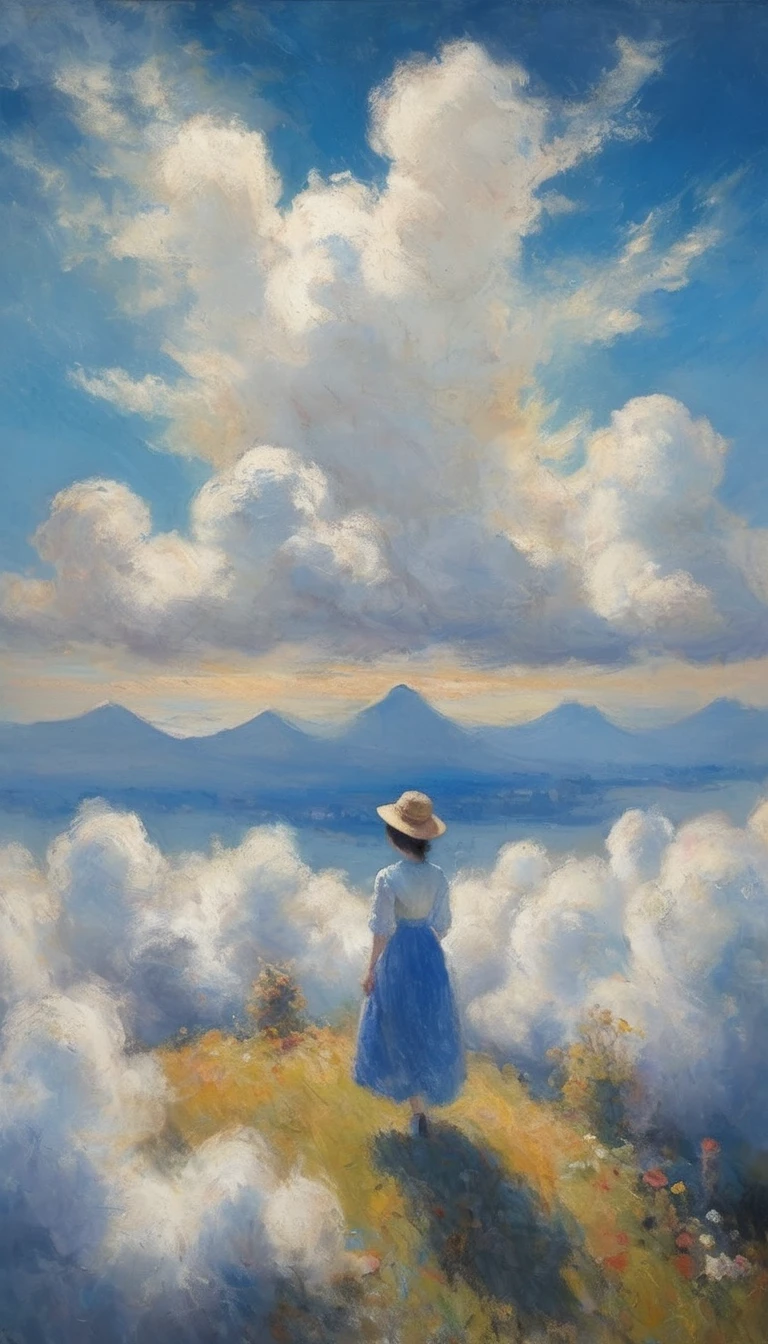 (View from above the clouds:1.6), Girl Flying in the Sky、Feathered Cat、Holding a bouquet、Beautiful Face、(Oil pastels:1.4), Mad Paint、Dark blue sky、White cumulonimbus cloud、Masterpiece、Highest quality、Golden Ratio、Impressionism、pastel colour、impressionist painting、