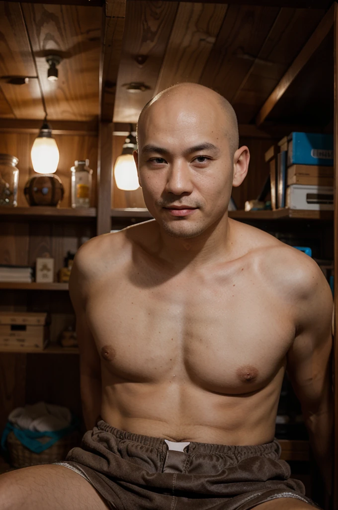 bald buryat man, sitting in the craft room, wearing, brown eyes, smirk