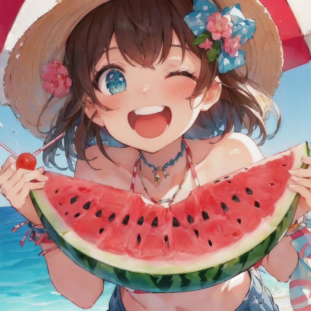 anime girl with a straw hat holding a slice of watermelon,smile, the material is!!! watermelon!!!, everyone, Pixiv, 4K Manga Wallpapers, change, The sea behind,Anime Wallpaper, Pixiv contest winner, anime art wallpaper 4k, anime art wallpaper 4k, 80s anime style,Anime Style 4k, Gwaiz, Splash art anime , 4KAnime Wallpaper