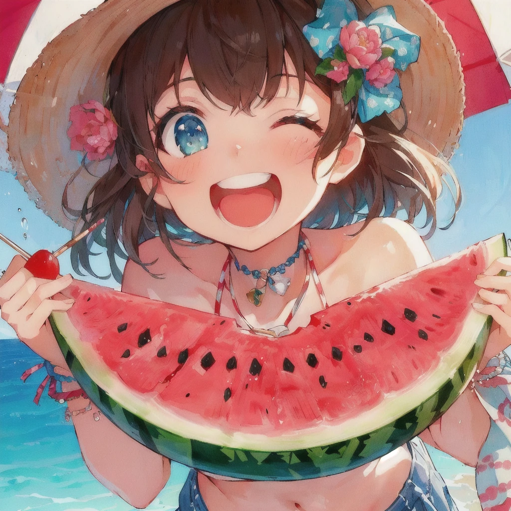 anime girl with a straw hat holding a slice of watermelon,smile, the material is!!! watermelon!!!, everyone, Pixiv, 4K Manga Wallpapers, change, The sea behind,Anime Wallpaper, Pixiv contest winner, anime art wallpaper 4k, anime art wallpaper 4k, 80s anime style,Anime Style 4k, Gwaiz, Splash art anime , 4KAnime Wallpaper