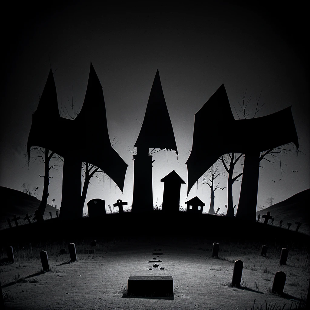dark scary horror simple cartoon 1980s black and white outline sketch illustration background with tombstone and wood