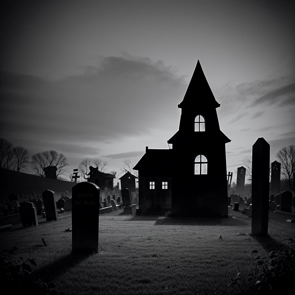 dark scary horror simple cartoon 1980s black and white outline sketch illustration background with tombstone and wood