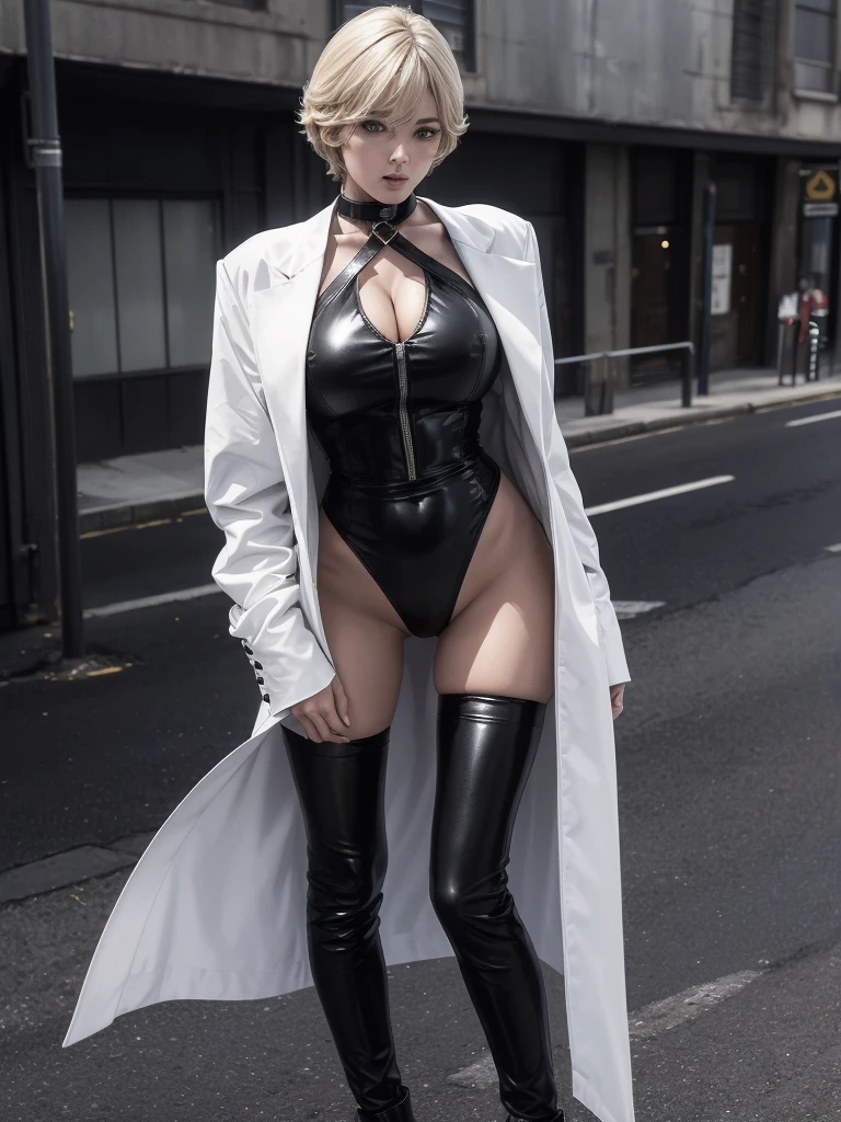 Very short hair, (masterpiece、Highest quality、Official Art), Neck up, View from the front, Looking at the audience:1.5, topless, Underless, White jacket:1.2, Black long boots, Black garter belt, (Black bondage suit:1.2), Black collar, Black choker, Glowing Skin, Realistic:1.9, Very detailed, Full Body Shot:1.2, Cleave, Belly button pussy, Expose the center of the body, High resolution, full color photos, High detail, Extremely realistic detail, Ultimate realistic texture, Ultimate in exquisite detail, Professional photos, Sexy portrait of a girl, Voluptuous bust, Tight waist, Cleavage, Trained abdominal muscles, Big Ass,Complete the whole body, Full body image, No underwear, Highest quality, ((background:On the streets of the city:1.4)), Suzune, Suzune's clothes