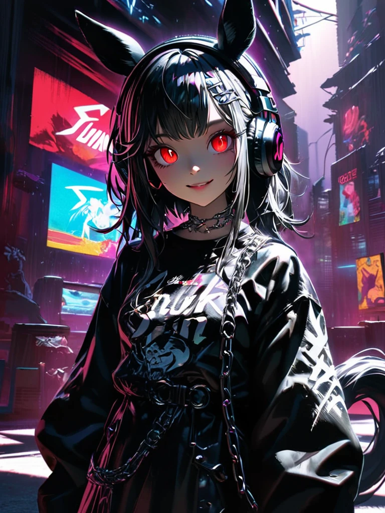1 girl, chromatic aberration, Written boundary depth, Soft Light, masterpiece, Highest quality, complicated, Tone Mapping, Very detailed, Art Station, Concept Art, Smooth, Clear focus, Dramatic lighting, Very detailed artwork, movie, super practical painting, Art Station's trending, 8k, Incredible Shadows, practical, (Very detailed background:1.0), whole body, View, Viewers, Very detailed portrait of one girl 1, standing on street corner, Heavy rain and lightning、Dark Sky, neon and cyber punk background, she is dressed in punk clothing with silver chains and silver spikes, Her hair was dyed a bright black color.,The middle part is black, She is wearing headphones, Detailed red eyes with clear pupils, Ominous aura of light, smile, punk, ciber punk, Backlight.Has horse ears、There is a horse tail,Closer to the horse