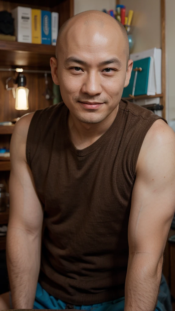 bald buryat man, working in the craft room, wearing, brown eyes, smirk