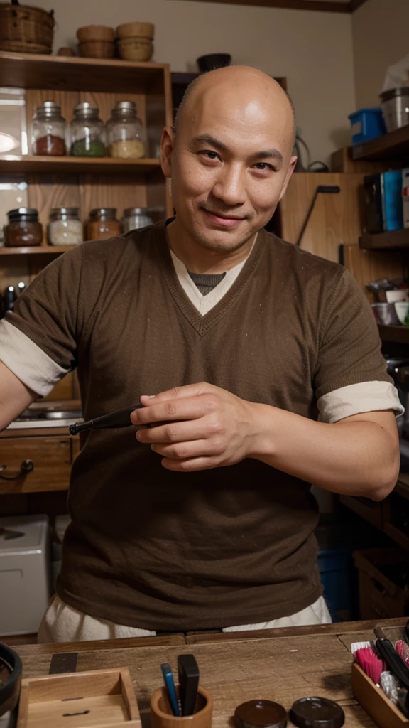 bald buryat man, working in the craft room, wearing, brown eyes, smirk

