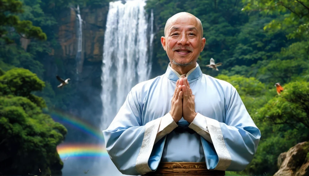 A middle-aged rather thin oriental man with a bald short beard puts his hands together，Showing goodbye，Eyes looking into the camera，Wearing a two-piece light-colored Chinese dress，Standing in the forest with waterfall，There are birds flying，There are white clouds in the blue sky，There is a rainbow above the waterfall，Beautiful and high-definition picture，The details are very clear，With depth of field