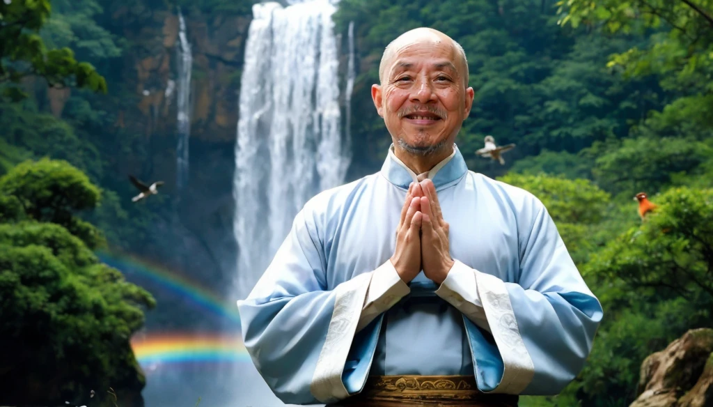 A middle-aged rather thin oriental man with a bald short beard puts his hands together，Showing goodbye，Eyes looking into the camera，Wearing a two-piece light-colored Chinese dress，Standing in the forest with waterfall，There are birds flying，There are white clouds in the blue sky，There is a rainbow above the waterfall，Beautiful and high-definition picture，The details are very clear，With depth of field