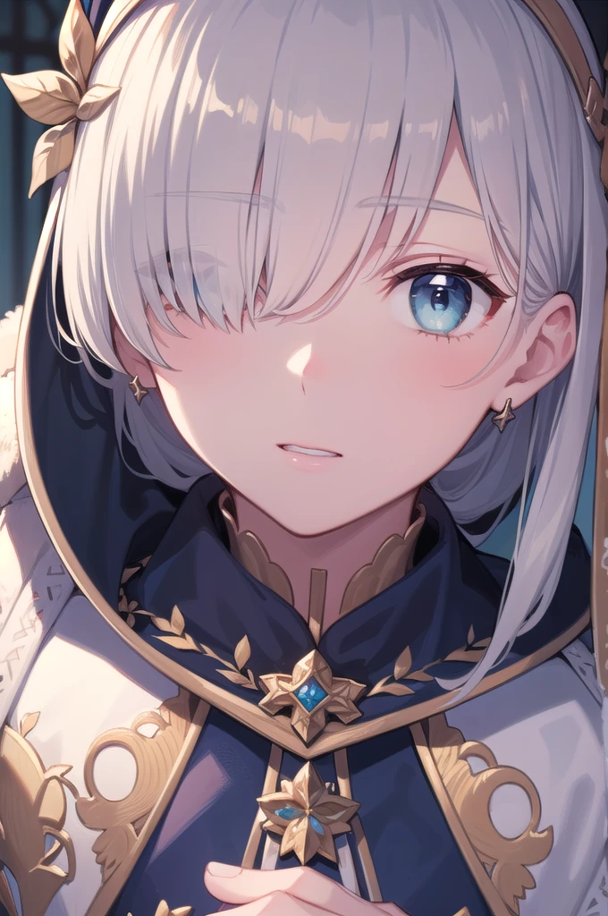 ((close up of face)),fgoAnastasia, Anastasia, blue eyes, Grey Hair, Hair between the eyes, (Hair on one eye:1.5), Long Hair, bangs,
break blue Cape, brown hair band, Cape, dress, Fur trim, hair band, Royal Robes, sash, tachi-e, white dress, Wide sleeves,
break looking at viewer,
break indoors,
break (masterpiece:1.2), Highest quality, High resolution, unity 8k wallpaper, (figure:0.8), (Beautiful attention to detail:1.6), Highly detailed face, Perfect lighting, Highly detailed CG, (Perfect hands, Perfect Anatomy),