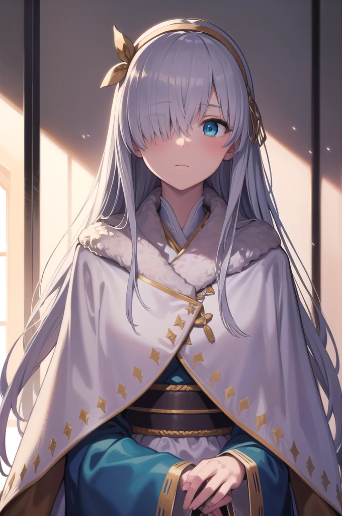 ((close up of face)),fgoAnastasia, Anastasia, blue eyes, Grey Hair, Hair between the eyes, (Hair on one eye:1.5), Long Hair, bangs,
break blue Cape, brown hair band, Cape, dress, Fur trim, hair band, Royal Robes, sash, tachi-e, white dress, Wide sleeves,
break looking at viewer,
break indoors,
break (masterpiece:1.2), Highest quality, High resolution, unity 8k wallpaper, (figure:0.8), (Beautiful attention to detail:1.6), Highly detailed face, Perfect lighting, Highly detailed CG, (Perfect hands, Perfect Anatomy),