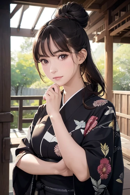 (Official Art、Highest quality、Unity 8k wallpaper、masterpiece、Ultra-high resolution)、Slender、Ample breasts、Black hair in a Japanese round topknot、Highly detailed background、Beautiful girl in yukata、(Highly detailed face and eyes、Beautiful Face、Beautiful Eyes、Beautiful nose、Pretty lips)、A friendly gaze、Japanese garden、Cowboy Shot、moonlight、Autumn scenery、
