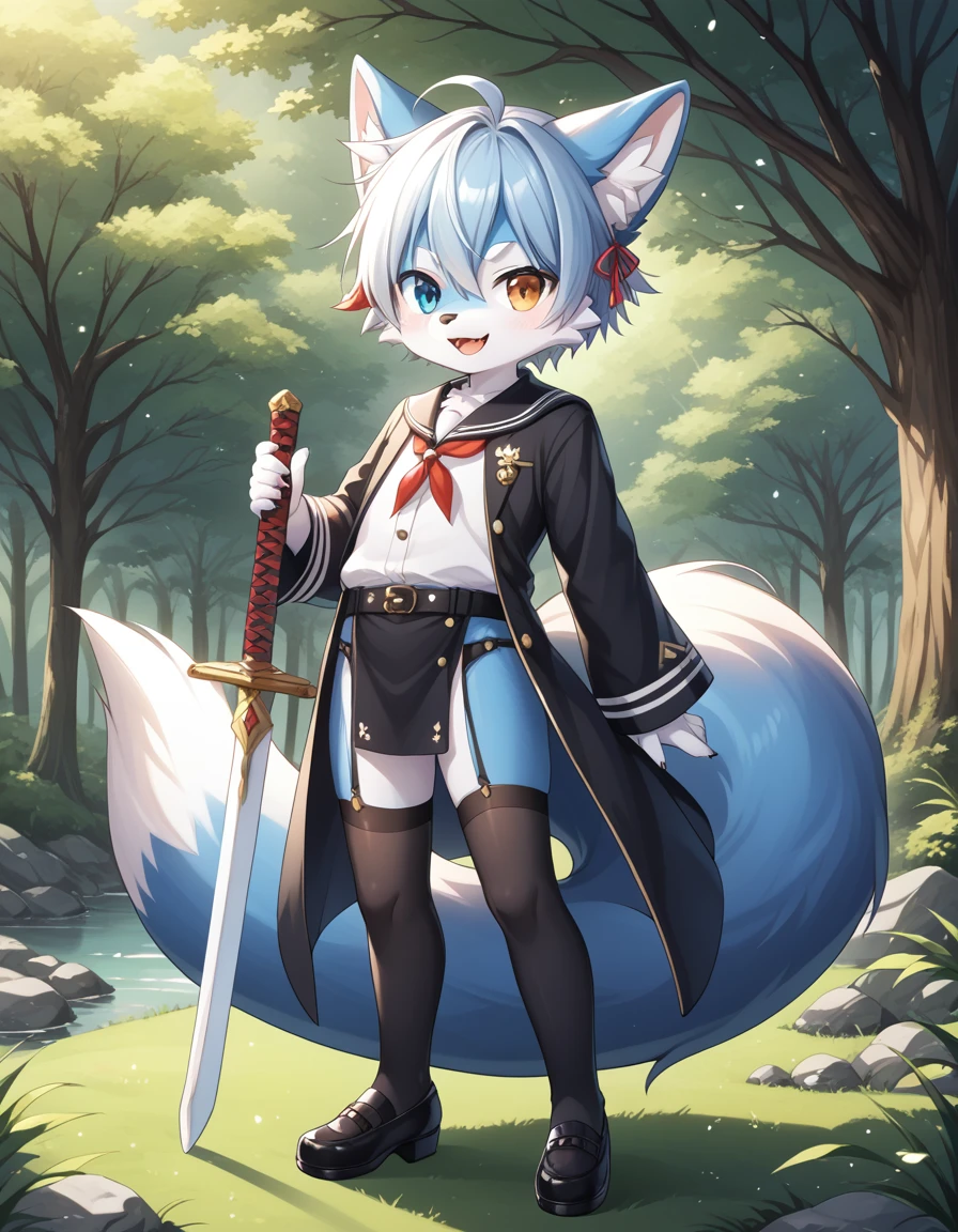 毛茸茸of, Fraction_of, pushrod, fox, 独自of, furry , 毛茸茸of, Blue and white, sword, Tail, 可爱of, 短of, Heterochromia, Cartoon, Flat Color, 简单of阴影, Full body portrait,Forest Background, 模糊of背景, Cub, male