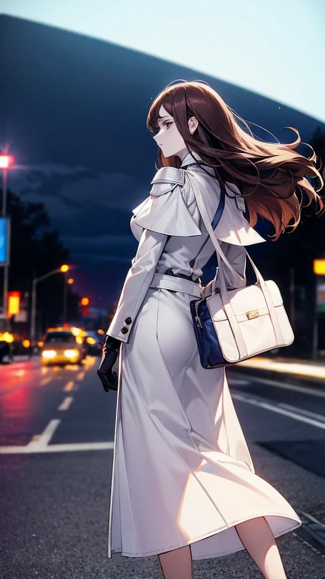 at night, Perfect slim fit body, Elbow-length gloves, (Pale skin:1.3), Refreshing look, colorful, Her shoulder pads were normal., masterpiece, Highest quality, High resolution, the young woman wears skirts and a short white jacket and holds a briefcase as she walks across the road, 1girl, solo, walking, bag, long hair, , from behind, ground vehicle, skirt, brown hair