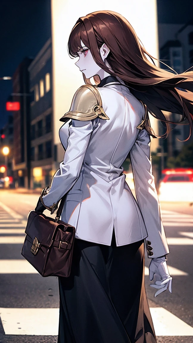 at night, Perfect slim fit body, Elbow-length gloves, (Pale skin:1.3), Refreshing look, colorful, Her shoulder pads were normal., masterpiece, Highest quality, High resolution, the young woman wears skirts and a short white jacket and holds a briefcase as she walks across the road, 1girl, solo, walking, bag, long hair, , from behind, ground vehicle, skirt, brown hair