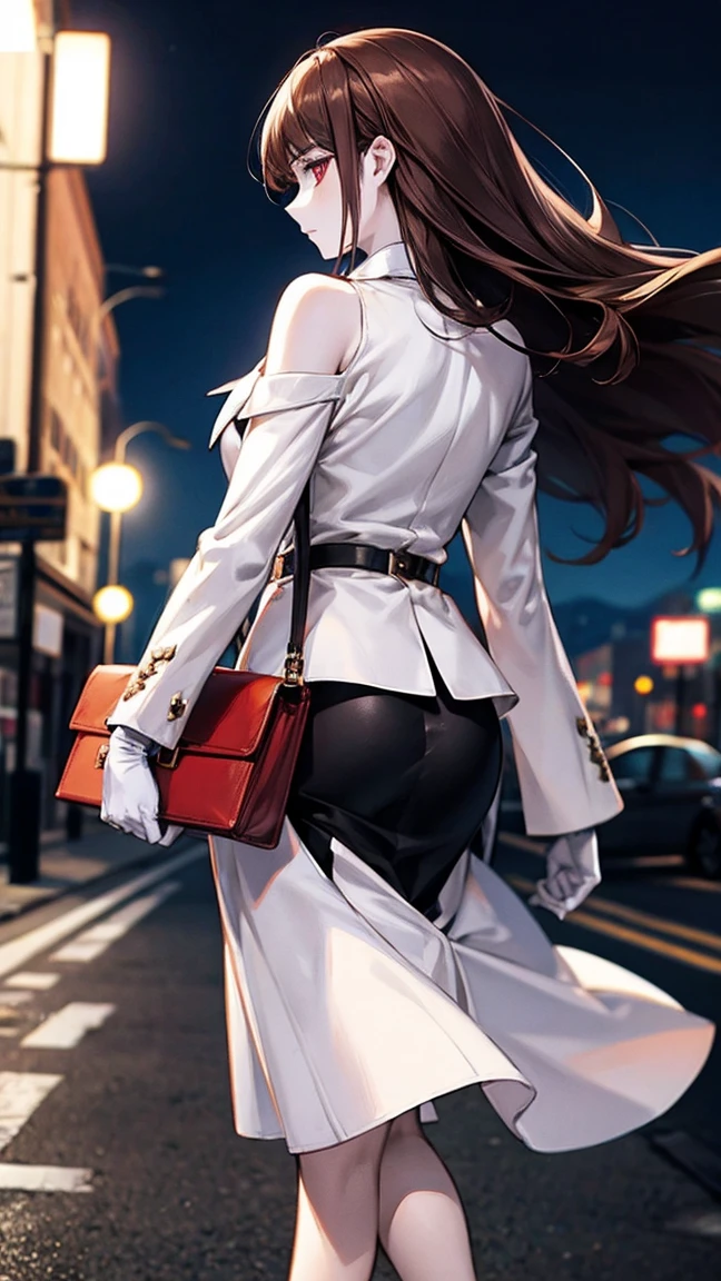 at night, Perfect slim fit body, Elbow-length gloves, (Pale skin:1.3), Refreshing look, colorful, Her shoulder pads were normal., masterpiece, Highest quality, High resolution, the young woman wears skirts and a short white jacket and holds a briefcase as she walks across the road, 1girl, solo, walking, bag, long hair, , from behind, ground vehicle, skirt, brown hair