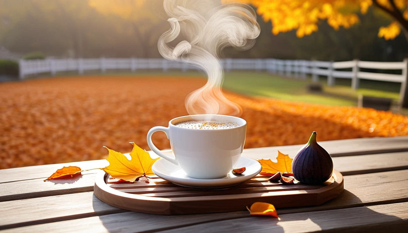 Create an image of a cozy autumn atmosphere by featuring a steaming American cup on a wooden coaster. The cup is adorned with a design of fallen leaves that matches the orange leaves scattered around it. Ripe and cut figs lie nearby, and the scene is illuminated by the warm light of the morning sun, which hints at a peaceful morning atmosphere. This atmosphere is enhanced by the potted plants that add to the serene atmosphere. and the beautiful natural scenery in the background.
