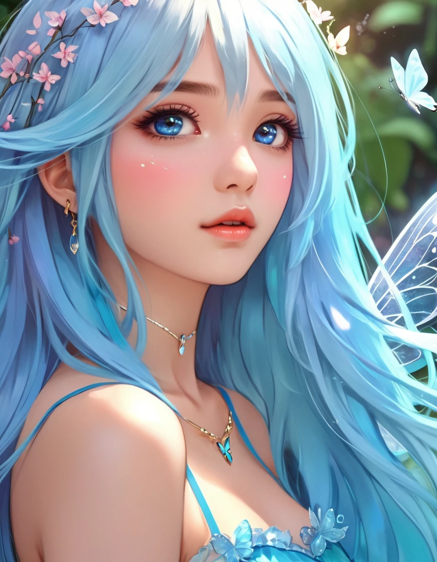 Anime girl with blue hair and butterfly wings, detailed Digital anime art, 8K high quality, detailed art, Fantasy art style, Digital anime art, Anime Style 4k, Cute and detailed digital art, Fan Art Best Art Station, deviantart artstation cgscosiety, Art Station pixiv&#39;s artgerm, Digital anime illustration, anime art wallpaper 4k