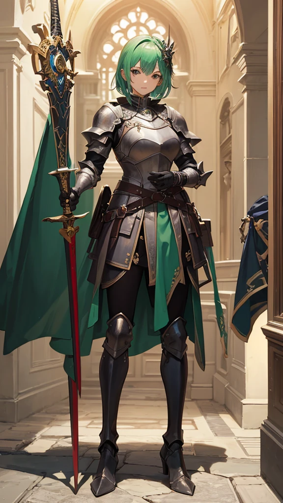(masterpiece, 4K ,Super detailed:1.2), (anime:1), (Perfect quality), The whole body is shown, View Viewer, Holding a longsword, Adult women, Knight Commander, Full Body Art, Green Hair, White skin, Knight&#39;s full plate decorated armor, Silver Cape, Perfect detail