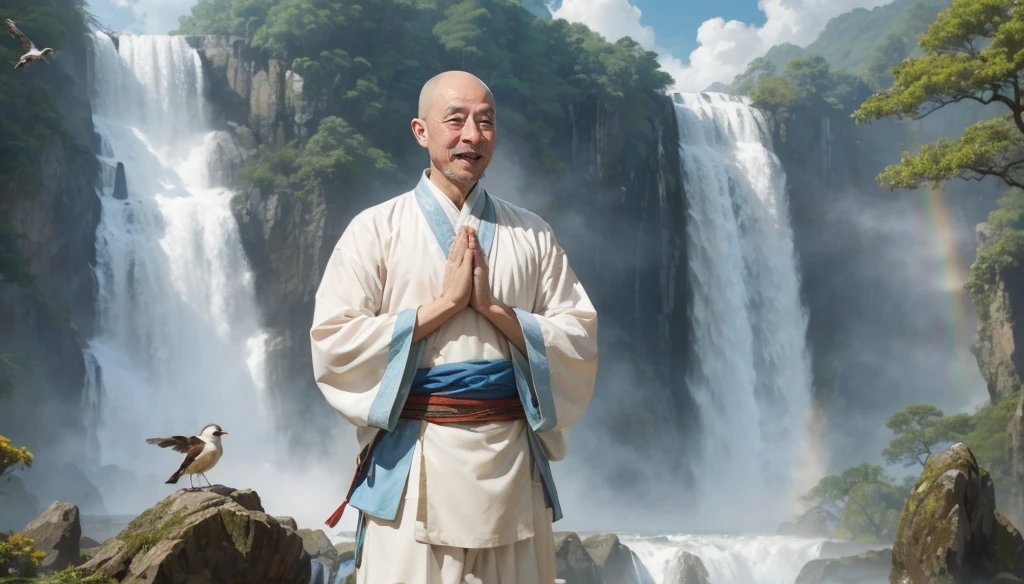 A middle-aged rather thin oriental man with a bald short beard puts his hands together，Showing goodbye，Eyes looking into the camera，Wearing a two-piece light-colored Chinese dress，Standing in the forest with waterfall，There are birds flying，There are white clouds in the blue sky，There is a rainbow above the waterfall，Beautiful and high-definition picture，The details are very clear，With depth of field