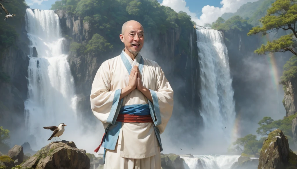 A middle-aged rather thin oriental man with a bald short beard puts his hands together，Showing goodbye，Eyes looking into the camera，Wearing a two-piece light-colored Chinese dress，Standing in the forest with waterfall，There are birds flying，There are white clouds in the blue sky，There is a rainbow above the waterfall，Beautiful and high-definition picture，The details are very clear，With depth of field