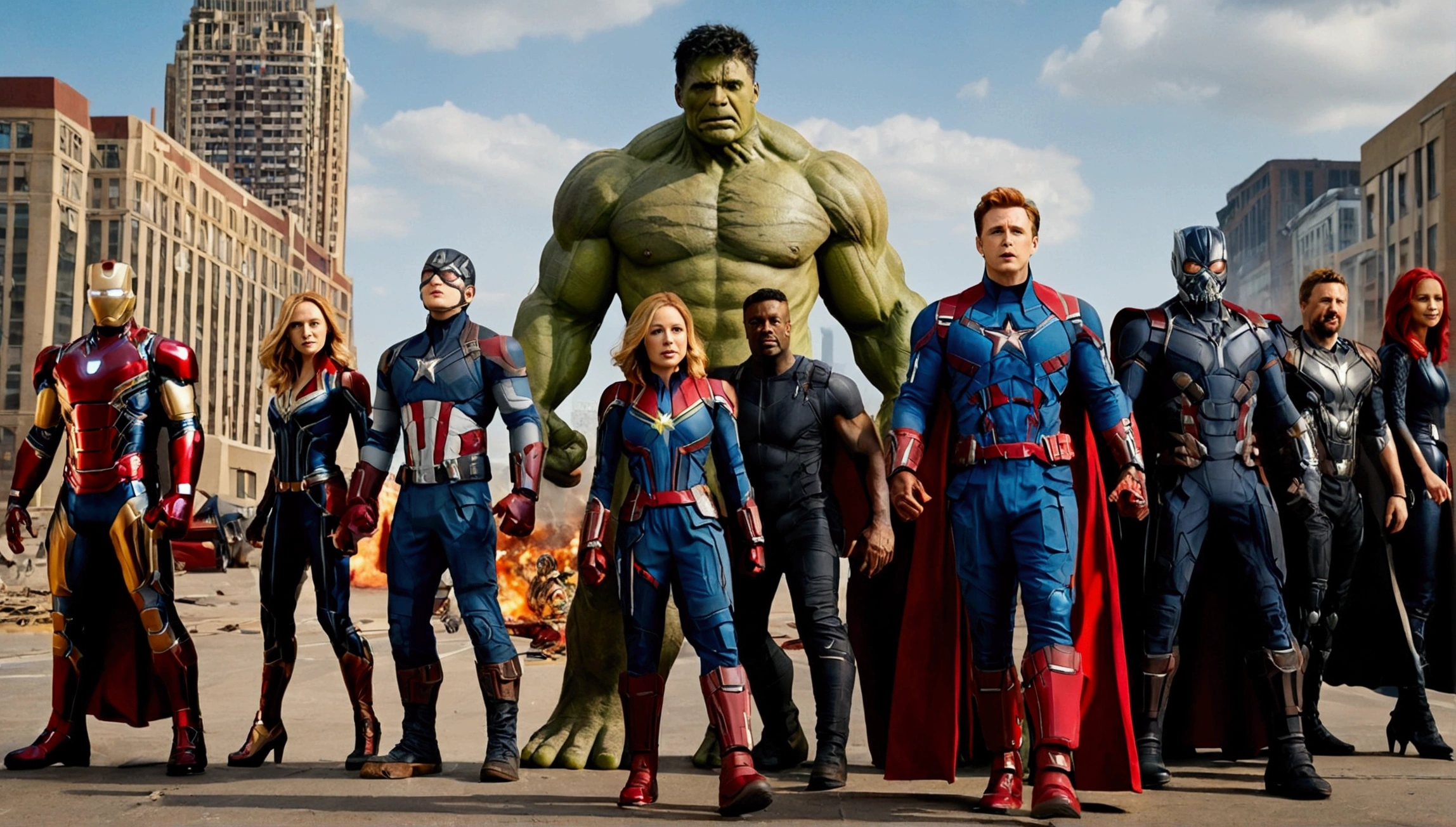 Very detailed,Superhero War,Captain America,Captain Marvel,Iron Man,Thor,Doctor Strange,Ant-Man,Groot,Rocket Raccoon,Spider-Man,Black Panther,Black Widow,Hawkeye,the hulk,Scarlet Witch,Intricate details,There are other superheroes in the distance,Collapsed streets,of war,