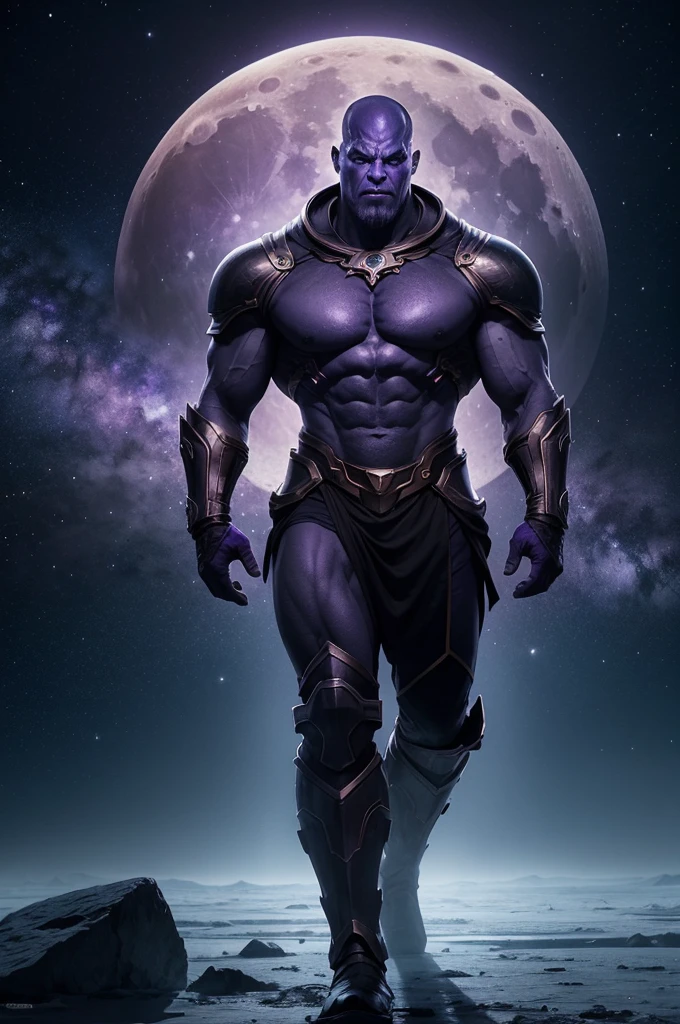 A stunning depiction of the moon Titan, Thanos' home planet, in the distant reaches of the cosmos. The moon is portrayed as a vast, icy world with a dark and cold atmosphere, illustrating Thanos' dark and mysterious nature. The sky is a deep purple, with a shadowy, ethereal quality. Thanos is seen standing tall on the frosty landscape, his iconic purple skin and muscular frame visible against the cold backdrop. His eyes are narrowed, revealing his fierce and calculating nature.