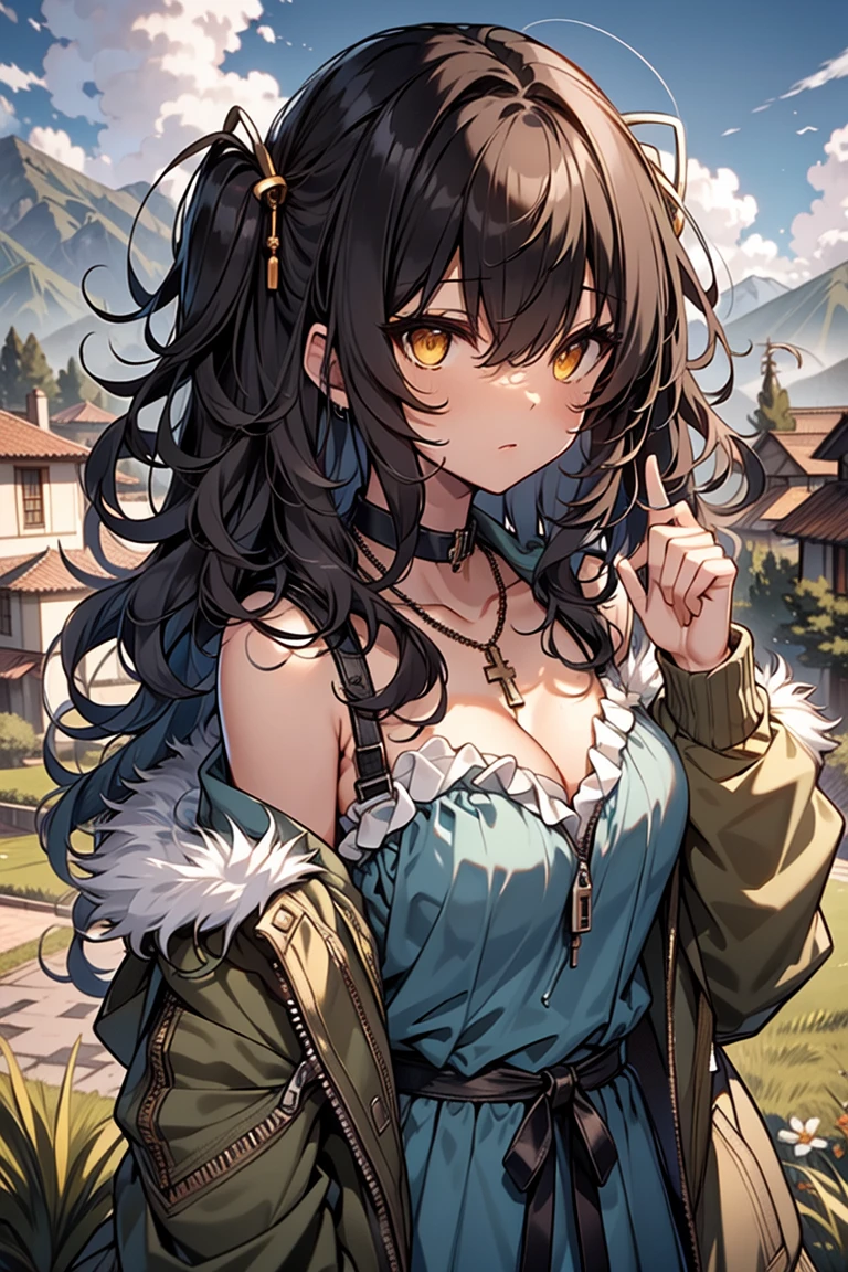 (masterpiece:1.2), (high quality:1.2), girls with((black hair, yellow eyes, (wavy long hair, one side up:1.52), bare shoulders, breasts, choker, cleavage, coat, collar, collarbone, cowboy shot, dress, blue clothes, camisole, (rosary, rosary choker, cross:0.7), necklace, fur, fur collar, fur trim, hood down, hooded jacket, hoodie, jacket, large breasts, long hair, long sleeves, black belt, suspenders, medium breasts, medium hair, necklace, open clothes, open hoodie, sleeveless, solo, winter clothes, zipper, cleavage, upper body, hand up, waving, palm)), background with((architecture, blue sky, bush, castle, village, no humans, cloud, cloudy sky, day, field, garden, grass, hill, house, lamppost, landscape, mountain, mountainous horizon, nature, no humans, outdoors, scenery, shrine, sky))