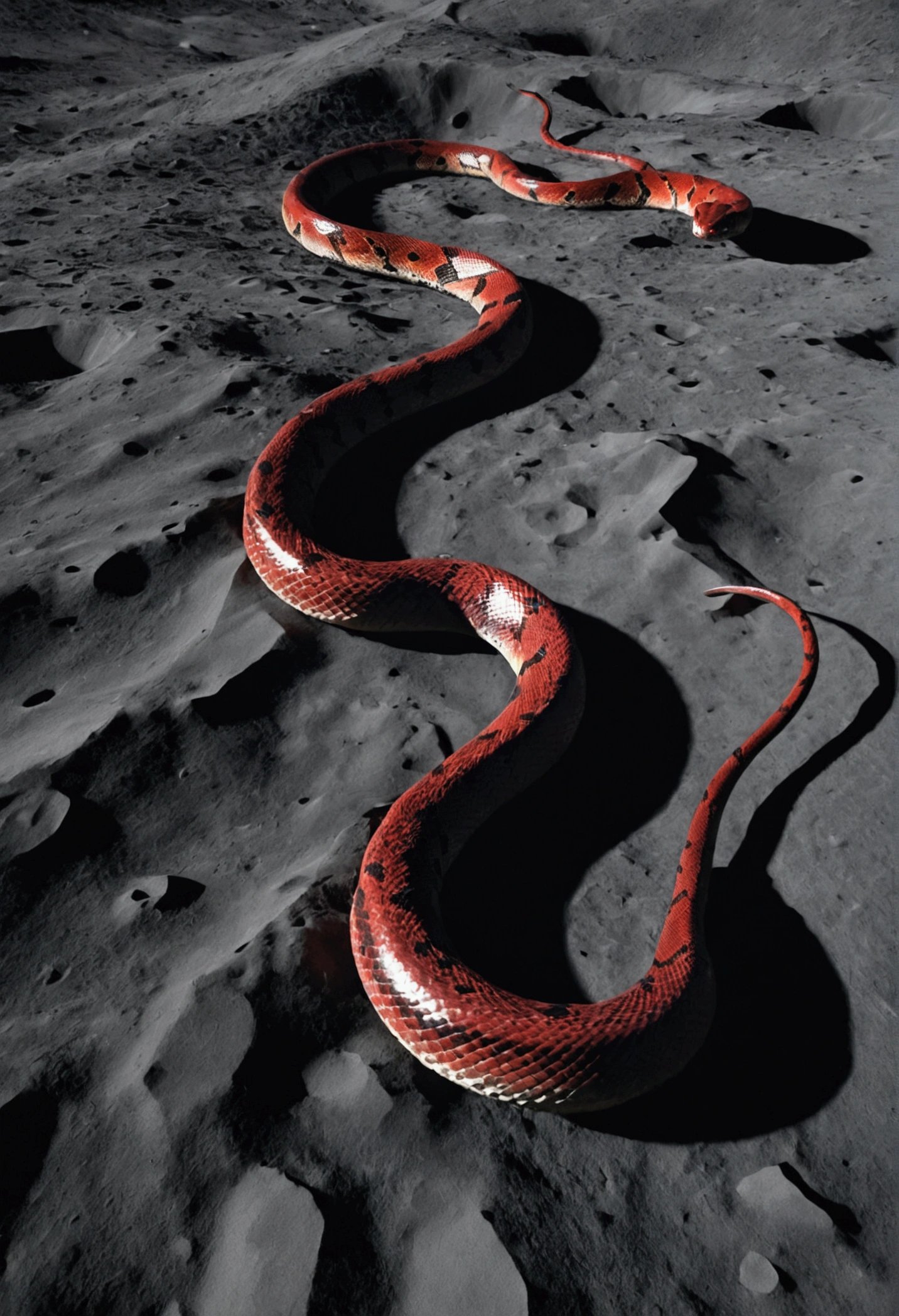 A giant black and red snake seen from the front walking on the moon