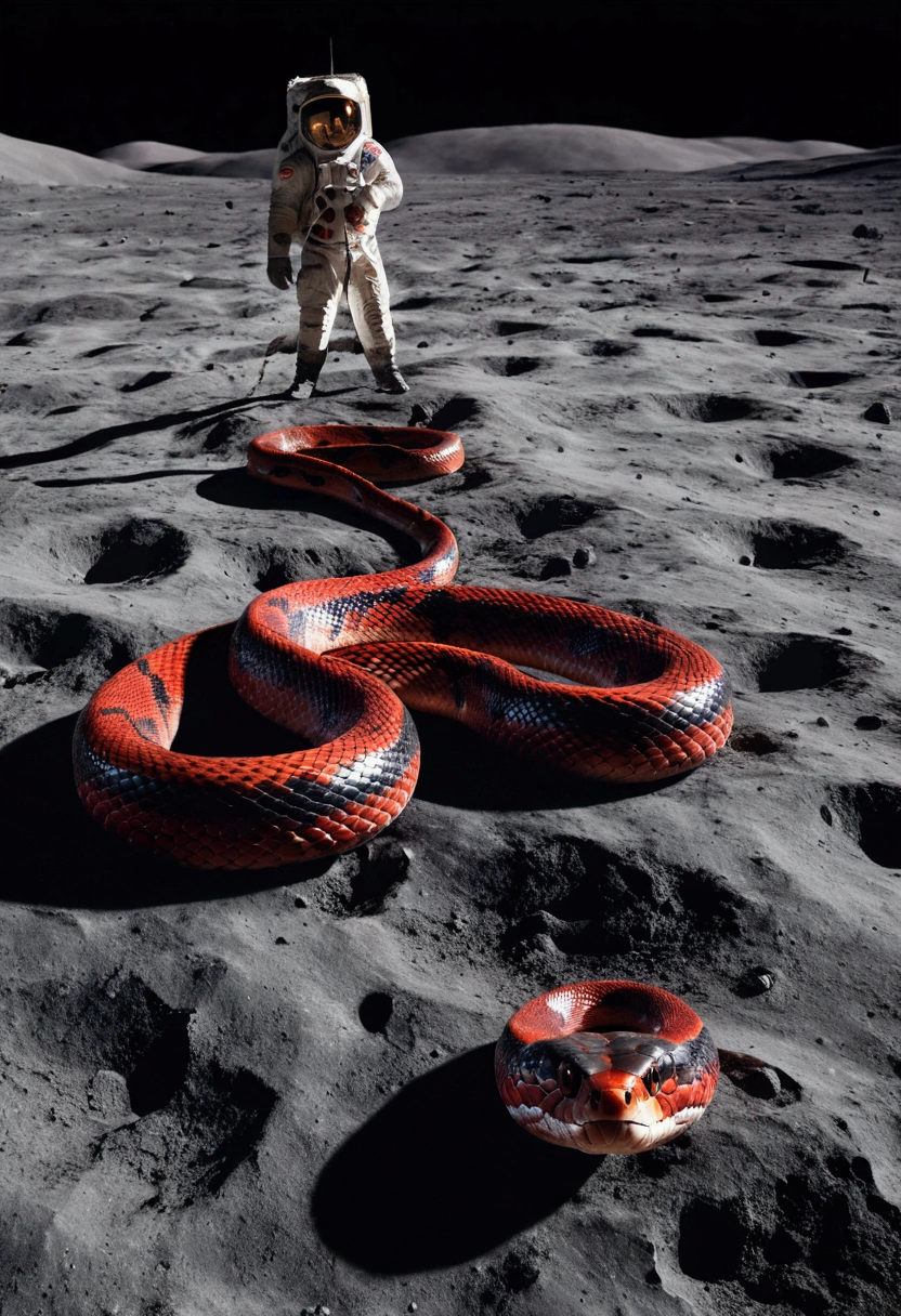 A giant black and red snake seen from the front walking on the moon