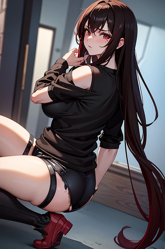 Masterpiece, top quality, night, modern city, street, cold expression, expressionless, long black hair, light pink lips, calm, triple band, sky blue pupils, maid, facial details, correct limbs, golden ratio, (NSFW:1.0), 1girl, prominent crotch with saliva at the corners of the mouth, wearing a one-piece underwear, kneeling on the ground, opening her thighs to reveal red panties, revealing a shy expression, blushing, crying, surrounded by hooligans