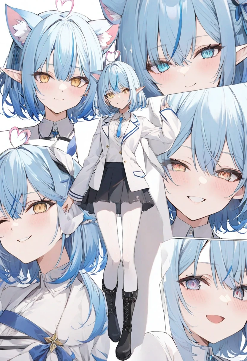 (muste piece), (best quality), (score_9, score_8_up, score_7_up), very detailed eyes, expressive eyes, perfect face, very detailed face, highly detailed face, beautiful girl, 8K, beautiful girl, white background, delicate and beautiful face and eyes, dark intense shadow,
1 girl, vtuber style, cool girl, hololive, Yukihana Lamy, Elf ears, blue hair, heart ahoge, short hair, white Formal Blazer, black Short skirt, small chest, one eye close winking, smile, ass visible through thighs, (full body), white pantyhose, standing, boots,