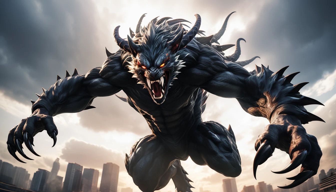 Realistic photos, RAW Photos, evil god, attacks viewer, Powerful movements, jump on prey, ((Dynamic jump)), Sharp Claws, evil god approaching from above, sudden approach, Bad-tempered, dynamic Shot from grand