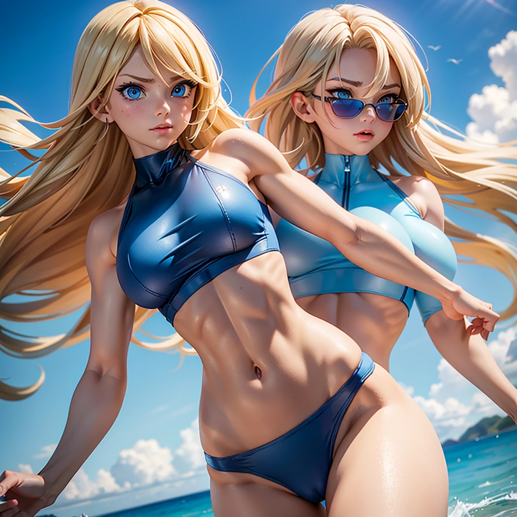 Create a dynamic, visually striking image of a muscular female character with blonde hair and blue eyes. She is dressed in a blue bikini that shows off her well-defined muscles. Her confident and determined expression contributes to her powerful presence. She also wears an open blue shirt that flows in the wind, adding a sense of movement. The background is a smooth gradient from light blue to beige, indicating an outdoor scene with natural light.