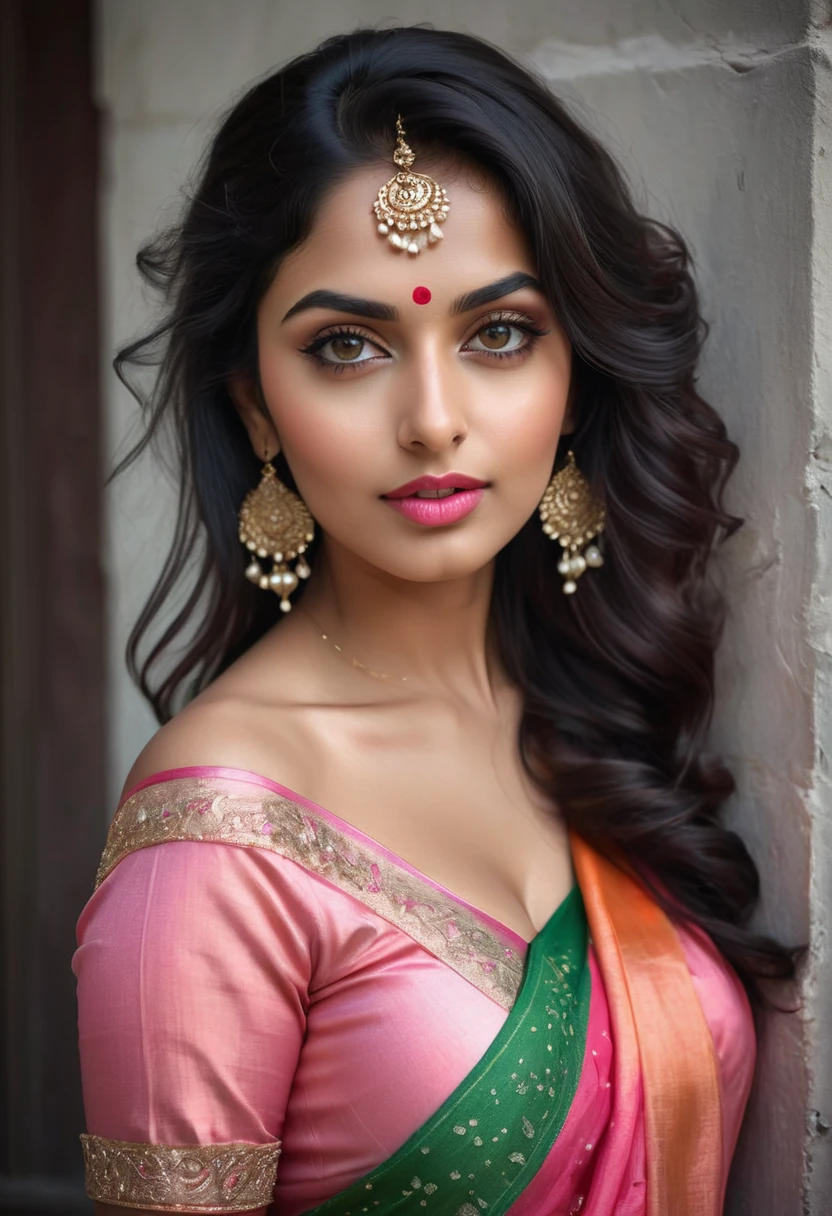 A portrait of a Extremely Beautiful woman, Age 30 year, Fashion influencer, Tradition look with long black wavy hair, leaning on a wall, tumblr, art nouveau, traditional beauty, indian, beautiful goddess, attractive pose, godess, lovely woman, gorgeous figure, dressed in pink sari and off shoulder black blouse, warpped perfectly, intricate glittering lines on the sari, average build, ultra detailed, 64k, photoreal, pefect body proportion, divine proportions, almond eyes, thigh highs, happy vibe, blushing, Alluring. on black canvas in the style of guillem h. pongiluppi,  abigail larson, ominous landscapes, john sloane, color skin red orange and green, energy-filled illustrations , full body, detailed face, focus on subject. candid photography. closed mouth, desent rosy lips. medium shot, perfect hands., vibrant colors. fantastic face, Indian, beautiful look, ((pink lips, bright eyes, curve heir 1.5)), ((beautiful details very big breast )), (Straight round and ultra huge clevage, not sagging breast), A glorious gorgeous, glorious gorgeous face, pretty face, bright eyes, updo elegant hair, blurred gray tones background, ultra focus, face ilumined, face detailed, 8k resolution, ((Full Open )), full body, sexy open thin belly