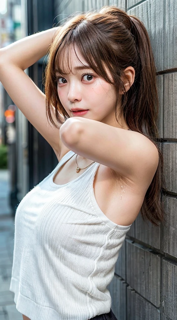 (Ultra HD、Ultra-high resolution、Realistic:1.3、8k、Japanese Model、In front of the wall)、Attention in the armpits、Viewer、(Extremely realistic skin texture:1.4)、(Realistic:1.3)、short hair、((Embarrassed expression:1.5))、(blonde:1.3)、40-year-old woman、Mature Woman、ponytail、(Lift your arms and show your armpits:1.4)、((Face close-up:1.52))、(Armpit sweat)、Leaning against a wall、((Shooting from the side:1.05))、necklace、good