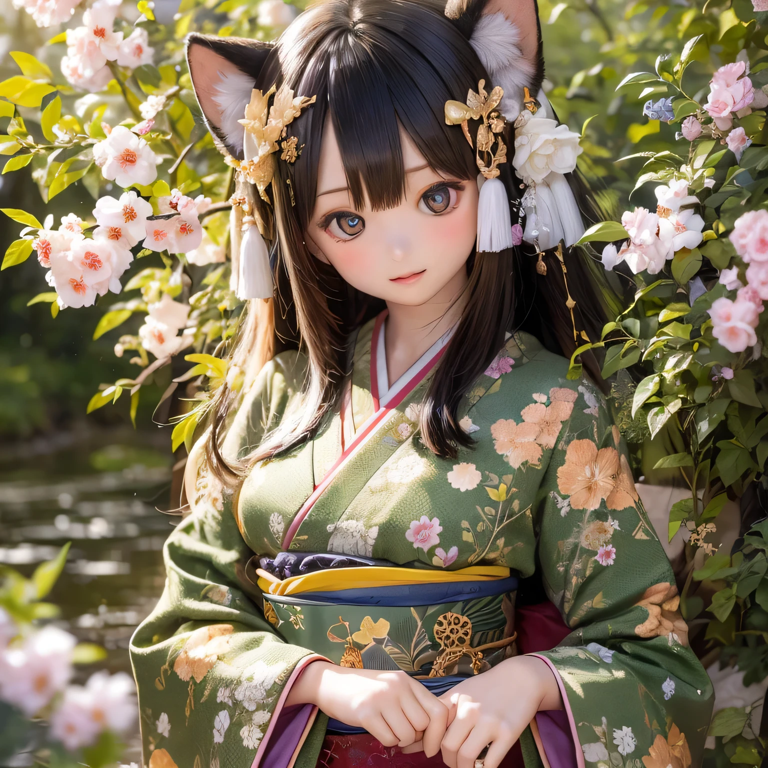 (High resolution, Realistic:1.2),(Beautiful attention to detail,Beautiful lip detail,Highly detailed eyes and face,Long eyelashes),(Rural landscape,Serene atmosphere),(Shiba Inu Girl:1.1),(Soft lighting),(Oil painting style),(Lush green fields,Quiet river),(Traditional Japanese house),(Flowing traditional kimono),(Colorful flowers),(Birds flying in the sky),(bamboo forest),(wood々Sunlight shining through)(((Cherry tree in full bloom)))Princess cut arms spread
