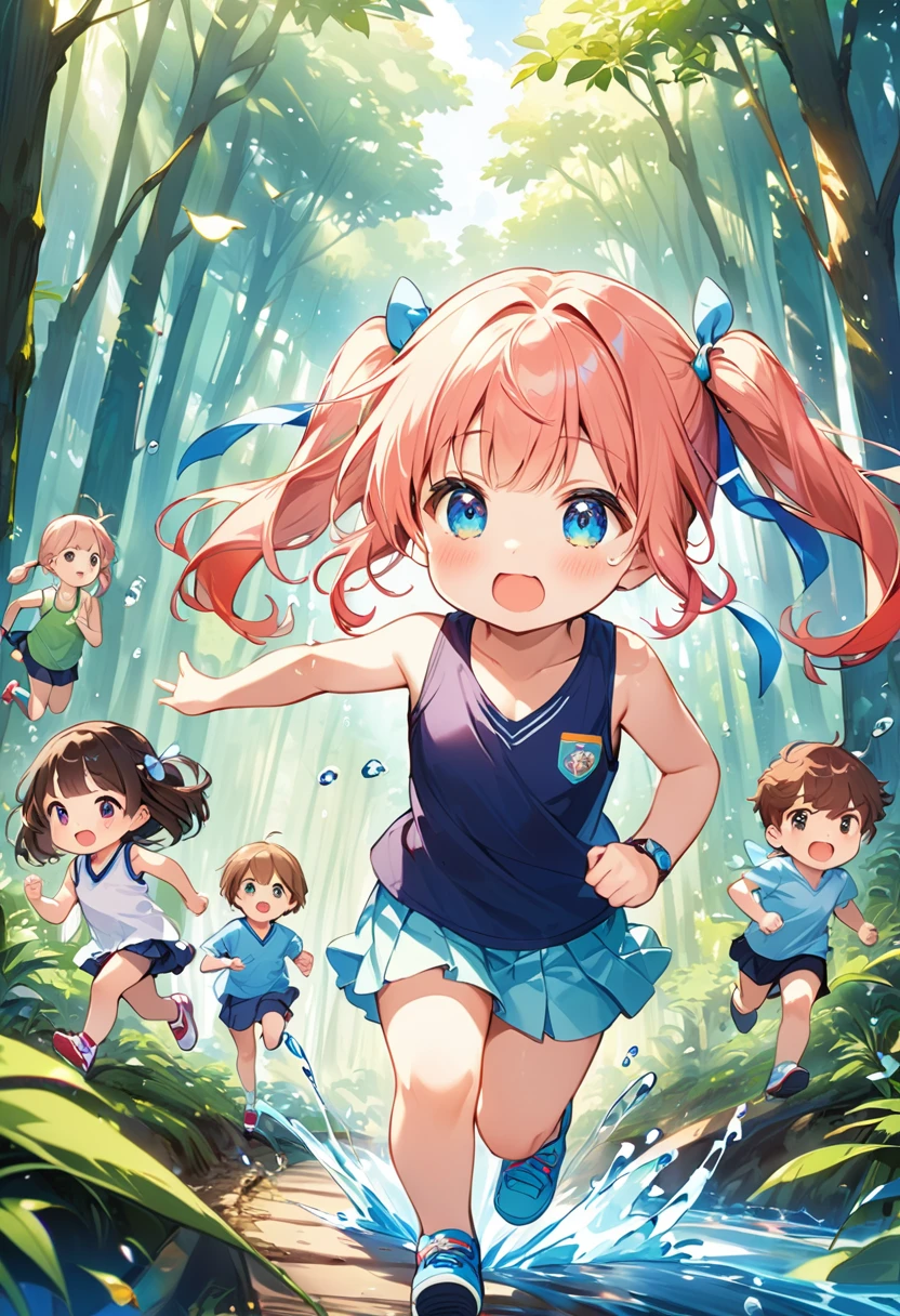Highest quality、High resolution、Detailed Background、Beautiful face in every detail、Anatomically correct、Detailed facial expressions、fine grain、Cute hair color、Braided twin tails、Chibi Girl、Lower grade primary school students, (Tank top、Vneck、mini skirt、Cute Shoes)、Running at full speed along a single road in a deep forest、Watery eye、A lot of tears are about to flow、She looks like she's about to burst into tears、Photographed from the front、break (A caterpillar、A caterpillar several dozen times larger than the girl chases her, kicking up a cloud of dust.:1.2、Get up close and personal with the girl)、break (A friendly frog family、Line up on both sides of the road and sing along)、