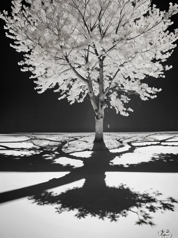 Penmanship,one cerry blossom big tree,monochrome,old painting,white background,far away,tribal,shadow