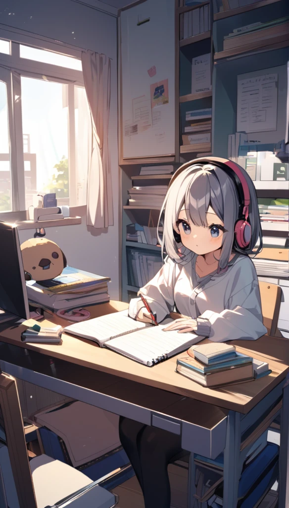 A cute girl is studying on her notebook in her room while wearing headphones。The room is cluttered and the entire desk is visible.