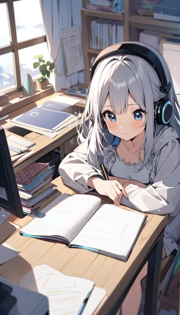 A cute girl is studying on her notebook in her room while wearing headphones。The room is cluttered and the entire desk is visible.